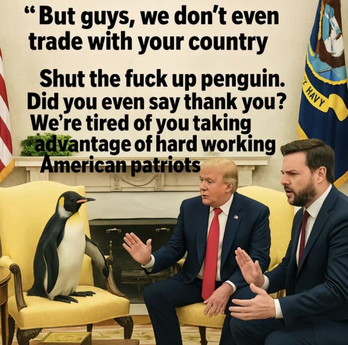 Tecknad scen av en pingvin och tre män i kostym, en av dem ser ut att diskutera med pingvinen i vad som liknar ett kontor.