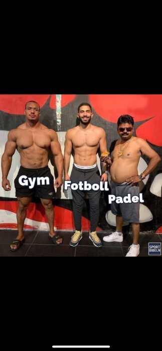 Tre män poserar, märkta med "Gym", "Fotboll" och "Padel" under sina respektive sporter.