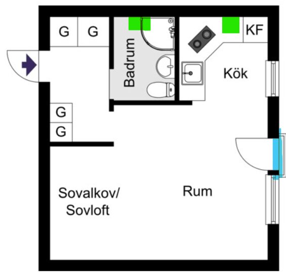 Ritning av lägenhet med blåmarkerad tilluft vid dörr och grönmarkerad frånluft i kök och badrum.