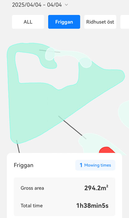 Karta över klippt yta på 294,2 kvm med tiden 1h 38 min 5 sek för Hookii Neomow X Pro.