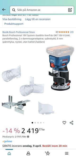 Bosch Professional 18V sladdlös överfräs GKF 18V-8 med tillbehör som parallellanslag och dammsugaradaptrar, pris 2 419,77 kr på Amazon.