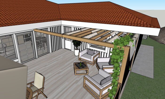 Pergolaritning med trästolar och bord på altan vid rött tak, gröna växter klättrar upp pergolan.