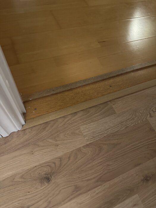 Glipa mellan tröskel och nytt golv, en smal list placerad i springan. Dörren hänger snett och orsakar att listen inte passar överallt.