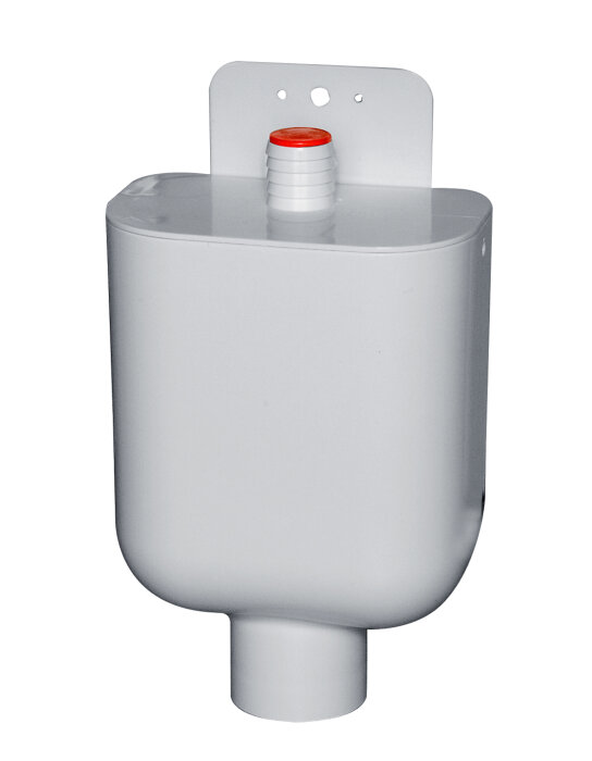 En spilltratt med inbyggt vattenlås i vit plast, designad för avlopp.