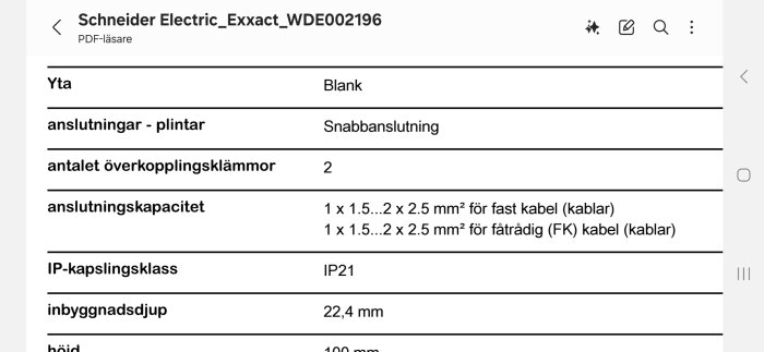 Produktblad för Schneider Electric Exxact WDE002196 som visar specifikationer som anslutningskapacitet, IP-kapslingsklass och inbyggnadsdjup.