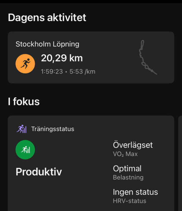 Dagens aktivitet visar en löptur på 20,29 km i Stockholm med en tid på 1:59:23 och tempo 5:53/km, samt produktiv träningsstatus.