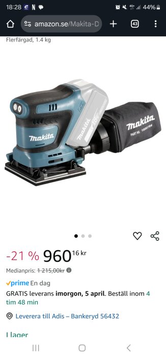 Makita slipmus med dammpåse visas i en annons med sänkt pris till 960 kr, gratis leverans erbjuds.
