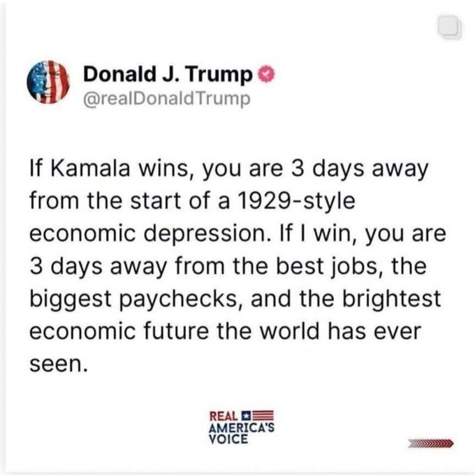 Tweet om ekonomiska löften och framtidsscenarier beroende på valutfall, kopplat till Trump och Kamala.