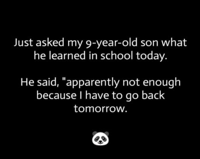 Textbild med humoristiskt citat från ett barn om skolan: "Lärde mig inte tillräckligt, måste tillbaka imorgon.
