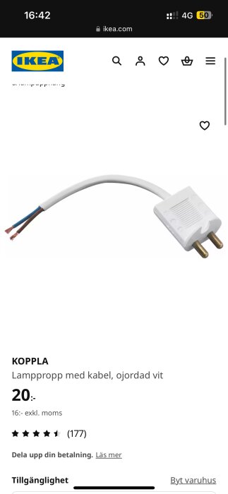 Ojordat vitt lamppropp med kabel från IKEA, artikelnamn KOPPLA.