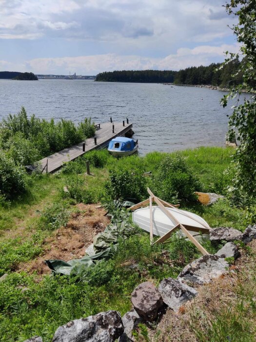 Vy över en liten båt förtöjd vid en brygga vid en sjö. I förgrunden syns en upp-och-nedvänd båt på gräset med omgivande vegetation.