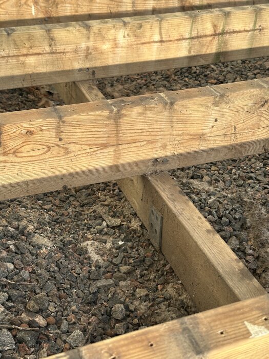 Träreglar i byggprojekt, del av ramverk ovanför grusig mark. Diskussion om att justera reglarna för att få dem i våg med hjälp av domkraft och kilar.