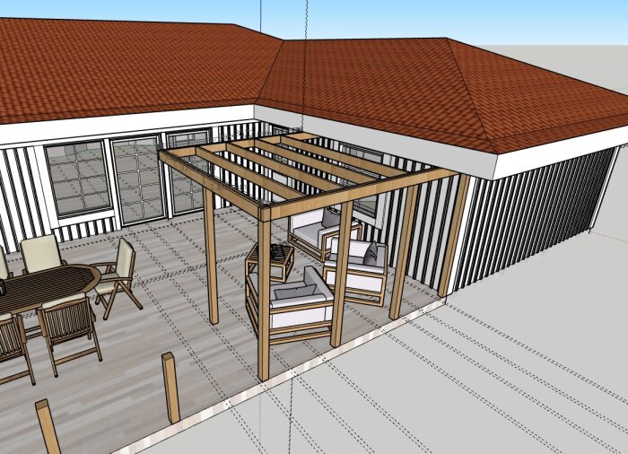 3D-modell av en pergola på en altan mot ett hus med tegelrött tak. Pergolan stöds av trästolpar och omges av utemöbler.