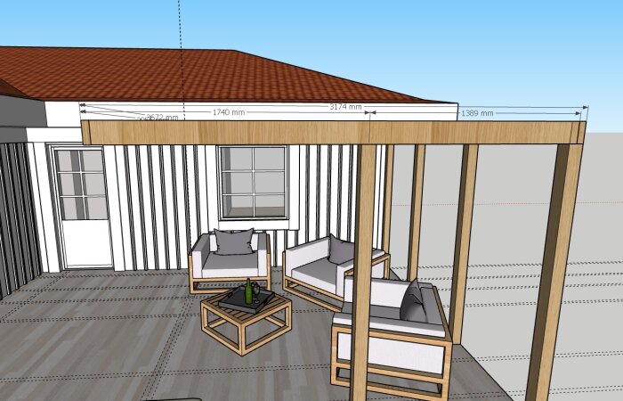 Skiss av en pergola med måttangivelser, stående vid ett hus med panelvägg. Detaljerad ritning visar stolpar och reglar ovan sittgrupp.