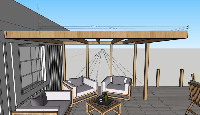 CAD-ritning av pergola med stolar och bord under, visar placering och mått av bärlina samt reglar.