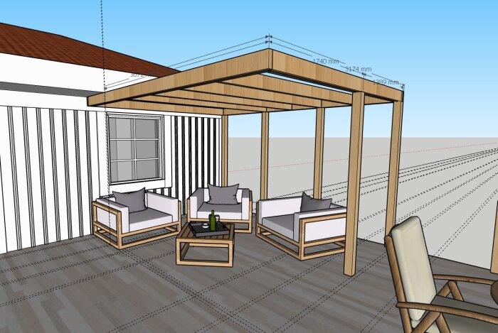 3D-modell av en pergola intill ett hus med trämöbler under. Konstruktionen har tre stolpar och detaljerad måttangivelse.