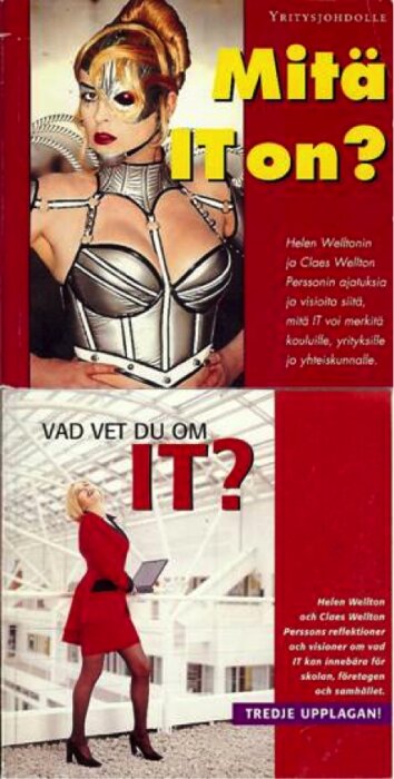 Bokomslag för "Vad vet du om IT?" och "Mitä IT on?" med futuristisk design och personer i kostymer.