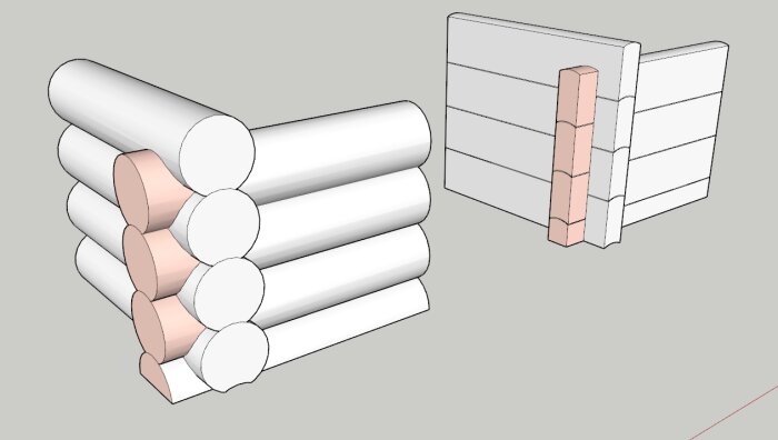 Ritning av stockväggar, en med råa stockar och en med dubbel spont, för att demonstrera olika byggmetoder för ökad stabilisering och täthet.