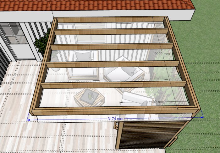 Översikt av en altan med träram och måttangivelser placerad vid ett hus, som visar stolparnas placering och höjd i relation till takfoten.