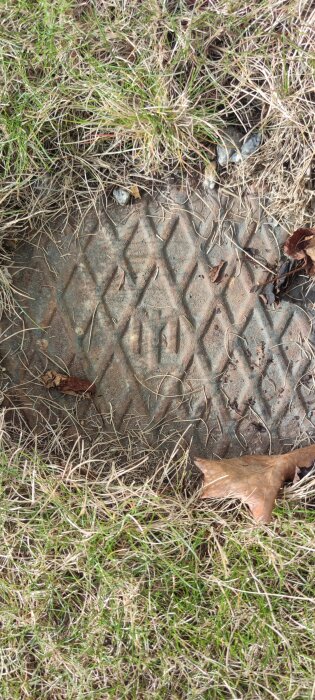 Lock av metall i marken, omgivet av gräs, med rutmönster och märken.