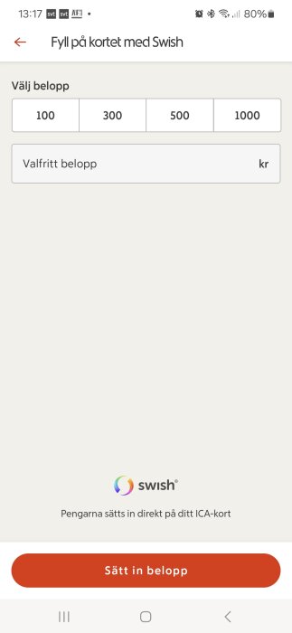 Användargränssnitt för att välja belopp och fylla på ett ICA-kort med Swish via app.