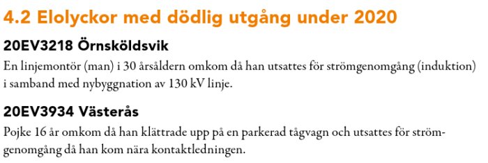 Beskrivning av två dödsolyckor på grund av elolyckor i Örnsköldsvik och Västerås under 2020.