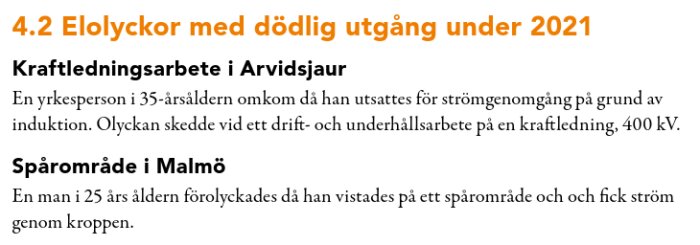 Elolyckor med dödlig utgång 2021: Kraftledningsarbete i Arvidsjaur och Spårområde i Malmö. Beskrivningar av två dödsolyckor på grund av ström.