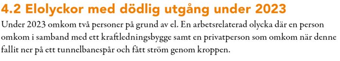 Text som beskriver elolyckor med dödlig utgång under 2023, där två personer omkom på grund av el i arbets- och privatmiljö.