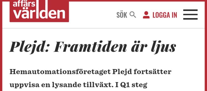 Artikelrubrik om Plejds framgångar och tillväxt inom hemautomation från Affärsvärlden.