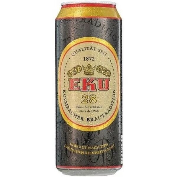 Burk med EKU 28 öl, en starköl från Kulmbacher Brautradition med 11% alkoholhalt.