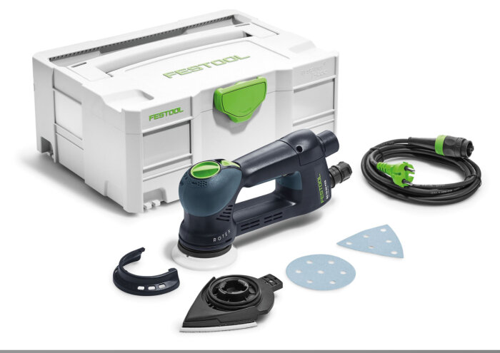 Flerverktyg Festool RO90 och tillbehör med slippapper, sladd och förvaringslåda.