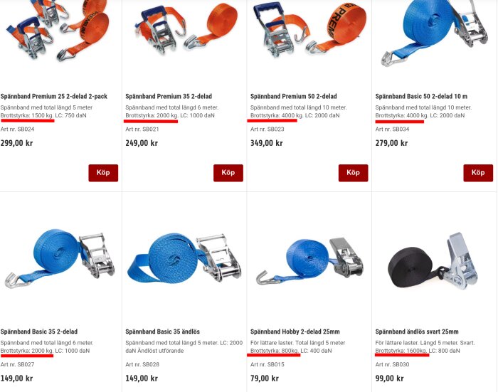 En bild som visar olika spännband med produktbeskrivningar och priser från en webbshop.