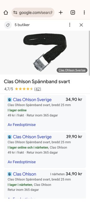 Svart spännband från Clas Ohlson med metallspänne, bredd 25 mm. Digital annons med prisuppgifter och butikstillgänglighet.
