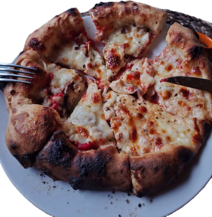 Hemlagad pizza med smält ost och tomat på en tallrik, bakad i vedspis.