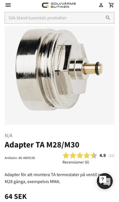 Adapter för montering av TA-termostater på ventiler med M28 gänga, produktbild från golvvarmebutiken.se.