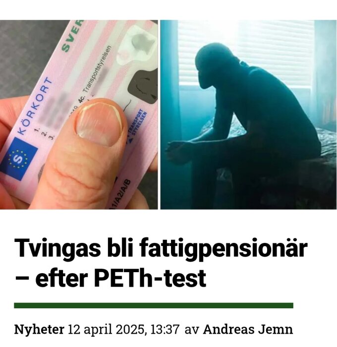 En person håller i ett svenskt körkort och en silhuett av en person som sitter hopkrupen på en säng i ett dunkelt rum.