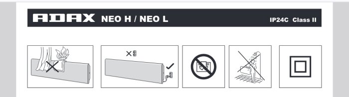 Illustration av säkerhetsinstruktioner för Adax Neo H/Neo L radiator, visar att den är dubbelisolerad, ej jordad, samt varningar mot täckning och kontakt med vatten.