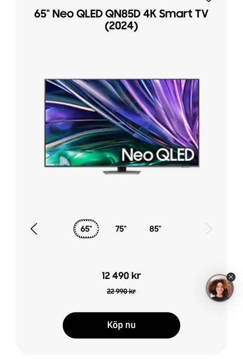 65" Neo QLED QN85D 4K Smart TV, 2024 modell, visad med prisreduktion till 12 490 kr från 22 990 kr. Alternativ storlekar listade.