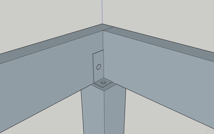 Hörnförbindelse med vinkelbeslag och 90-graders reglar i träkonstruktion.