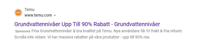 Annons för Temu med erbjudande om grundvattennivåer upp till 90% rabatt, fri frakt och fria returer.