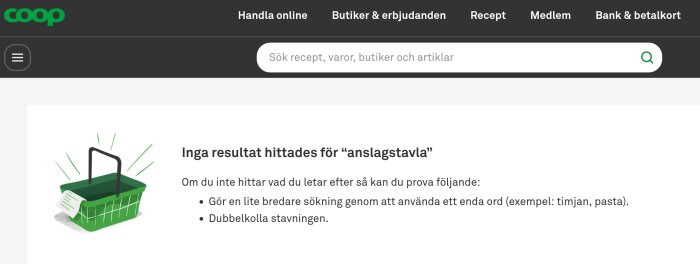 Söksida från Coop med texten "Inga resultat hittades för anslagstavla", med förslag om bredare sökning och kontroll av stavning. Grön kundkorgsillustration.