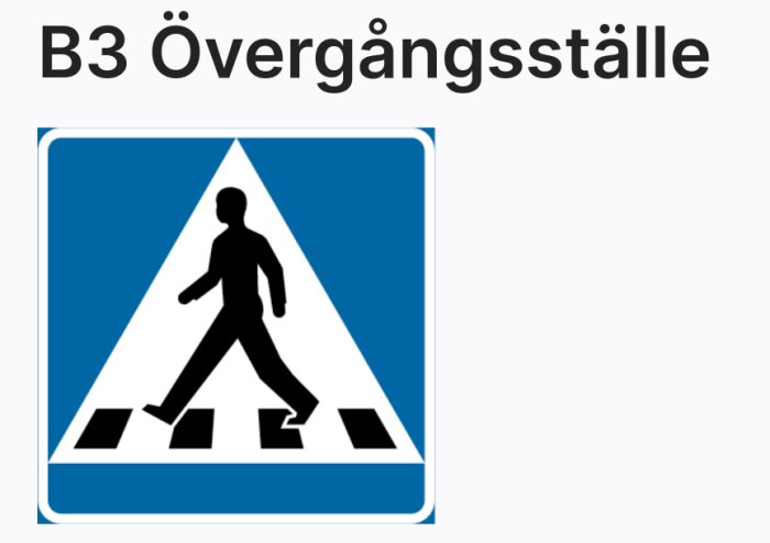 Skylt för övergångsställe, en vit triangel med en svart silhuett som går över ett svartvitt övergångsställe mot blå bakgrund.