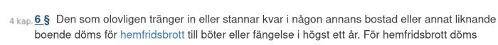 Text från svensk lagbok om hemfridsbrott, kapitel 4, paragraf 6, som nämner böter eller fängelse i högst ett år för olaga intrång.