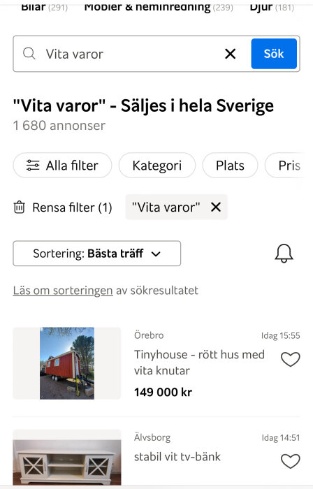 Annonssida med sökresultat för vita varor, visar tinyhouse till salu för 149 000 kr och stabil vit tv-bänk. Totalt 1680 annonser.
