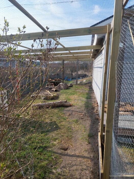 Kaningård under byggnation med träram och nät, omgiven av träd och ved på marken. Ett tillfälligt kaninhus planeras.