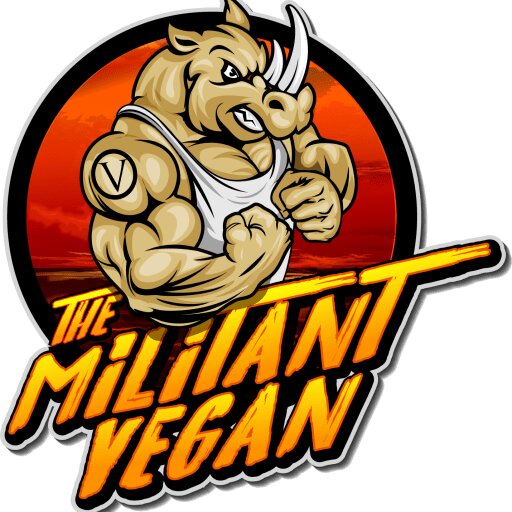 A muscular cartoon rhino wearing a tank top, with the text "The Militant Vegan" in bold letters.
