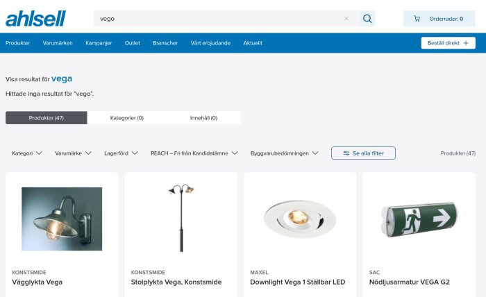 Sökresultat på Ahlsell webbplats för "vego", visar produkter som vägglykta, stolplykta, downlight och nödbelysning, totalt 47 varianter.