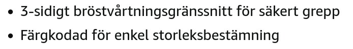 - Punkter med text om 3-sidigt bröstvårtningsgränssnitt och färgkodning för storleksbestämning.