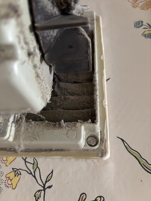 Smutsigt spjäll i närbild med spindelväv och damm. Bakgrunden visar blommigt tapetmönster.