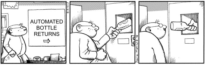 Man vid automatisk flaskretur där flaskan kommer tillbaka.